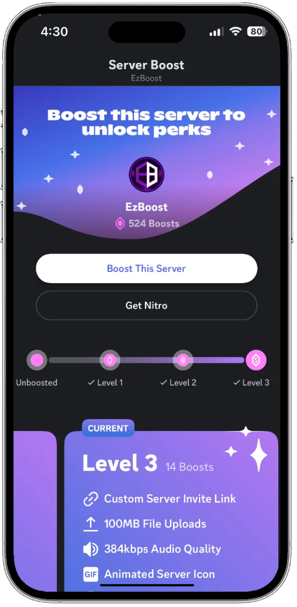 EzBoost Discord Server Boost Interface showing Level 3 server with 14 boosts, 100MB uploads, 384kbps audio, and custom features