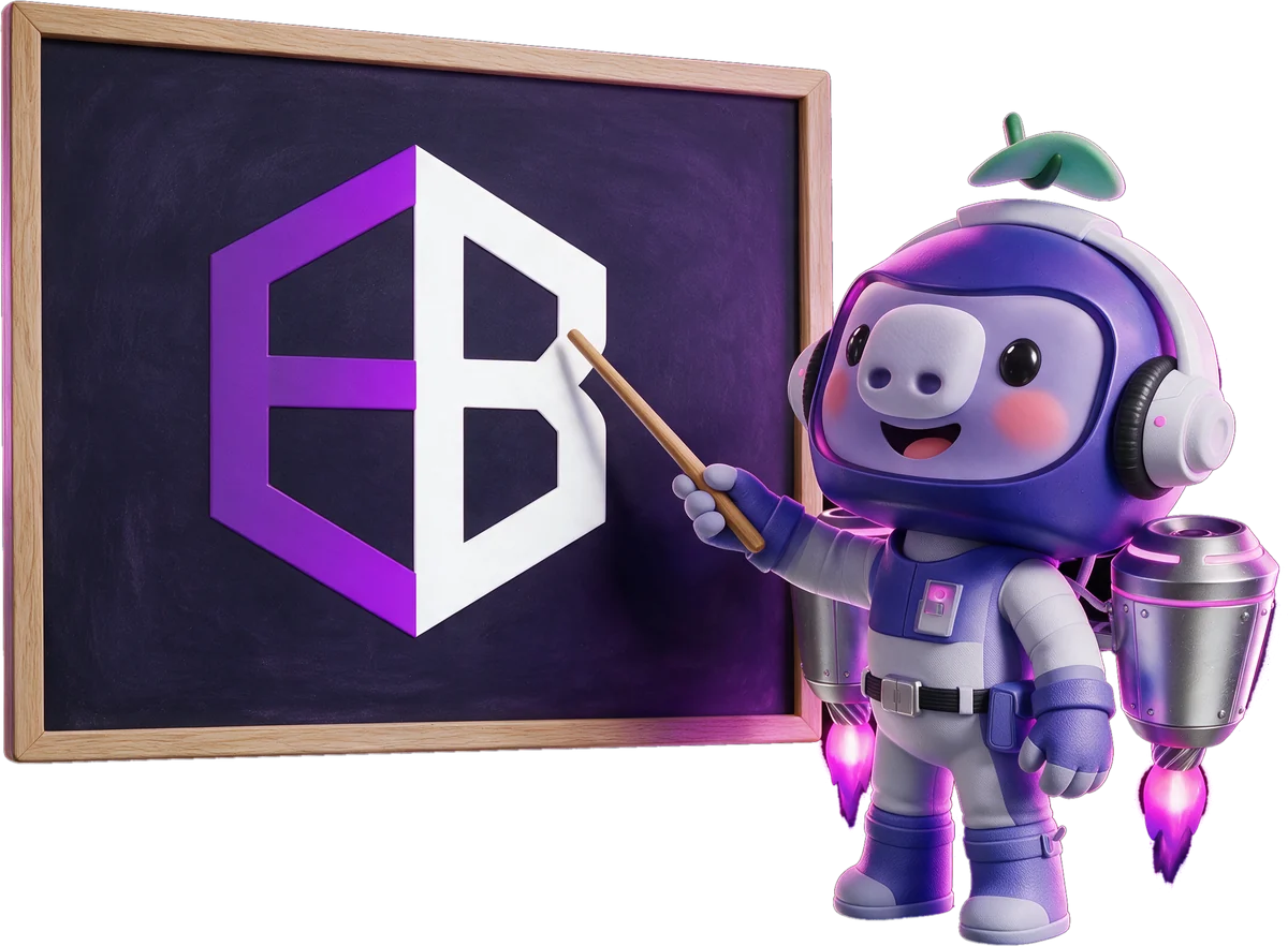 The Discord Wumpus as a teacher, pointing at a chalkboard with the EzBoost logo